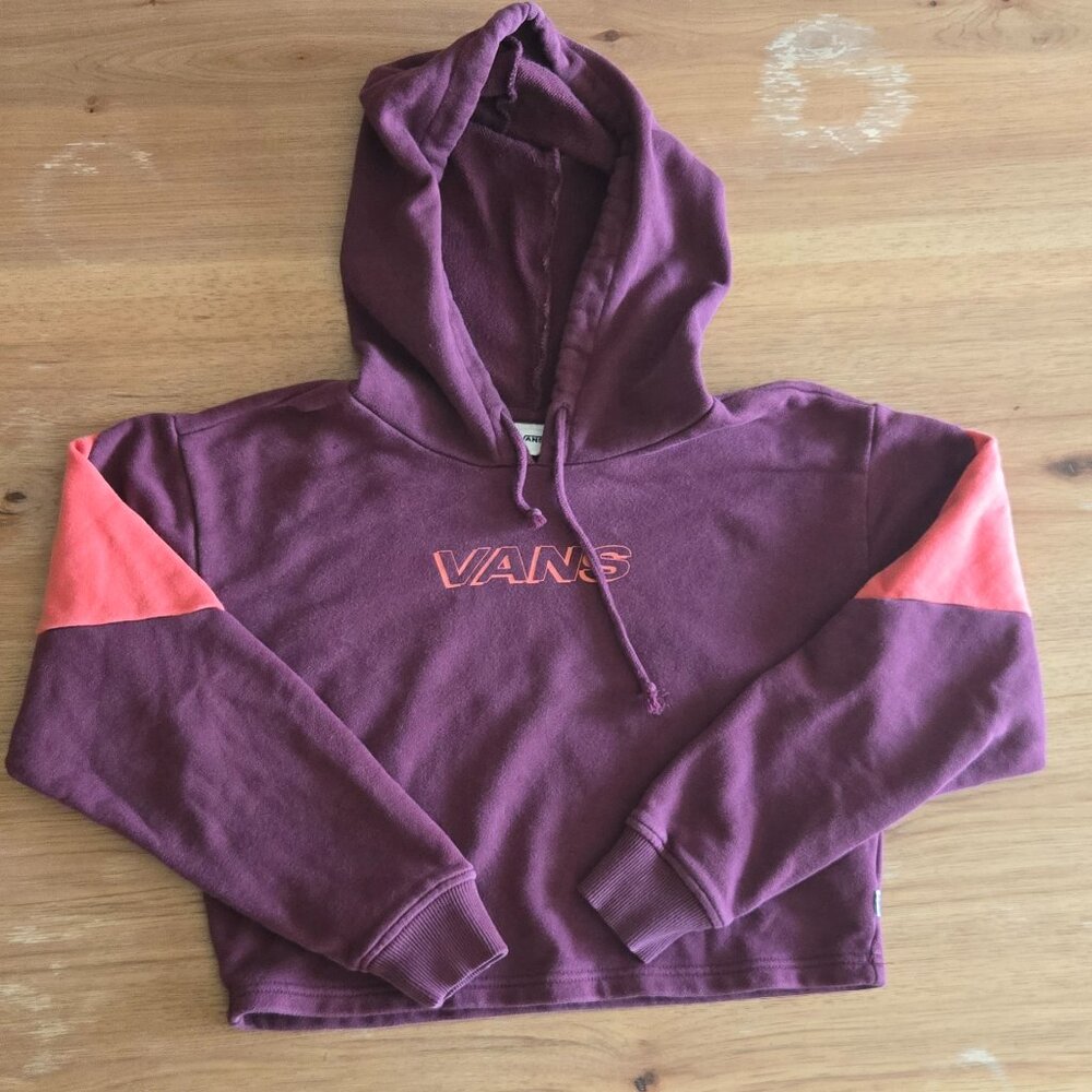 Vans Cropped Hoodie | Size XS | Burgundy Pink Colorblock Pullover Sweatshirt